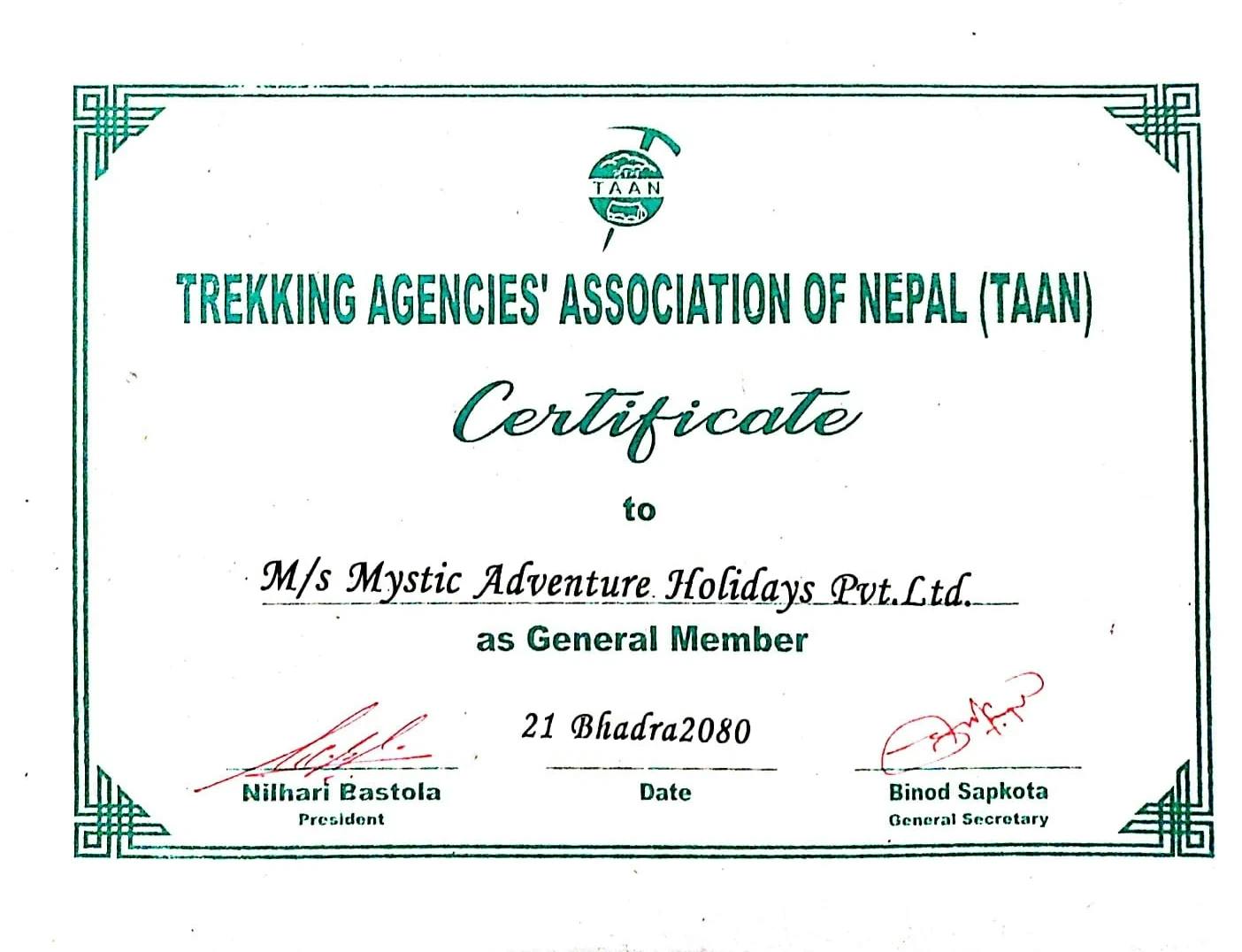 Trekking Agencies Association Of Nepal (TAAN) Membership Certificate