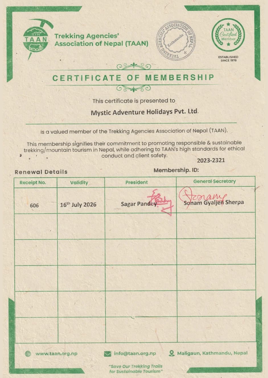 Trekking Agencies Association Of Nepal (TAAN) Membership Certificate