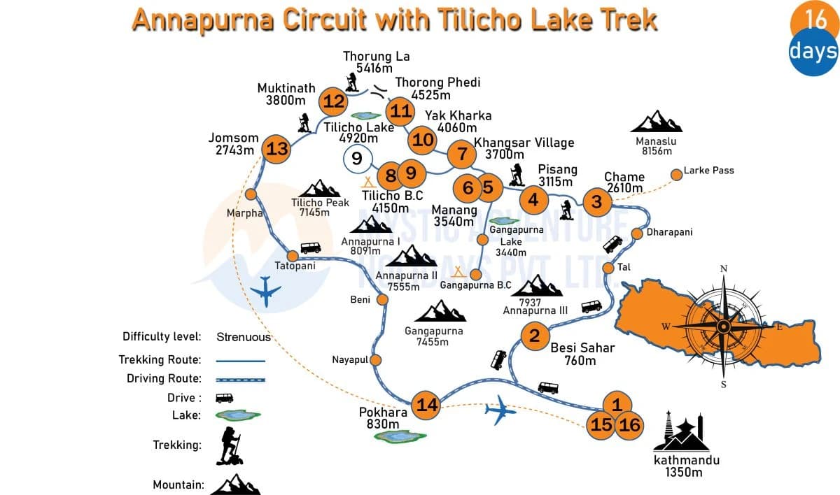 Annapurna Circuit with Tilicho Lake Trek Map