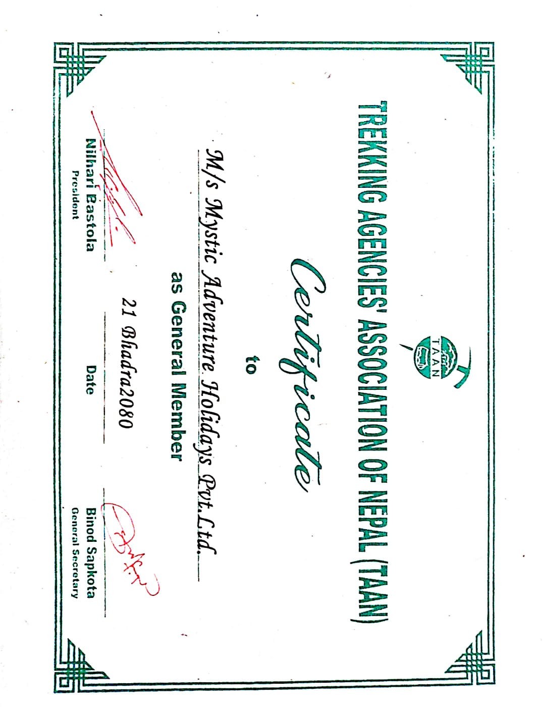 Trekking Agencies Association Of Nepal (TAAN) Membership Certificate